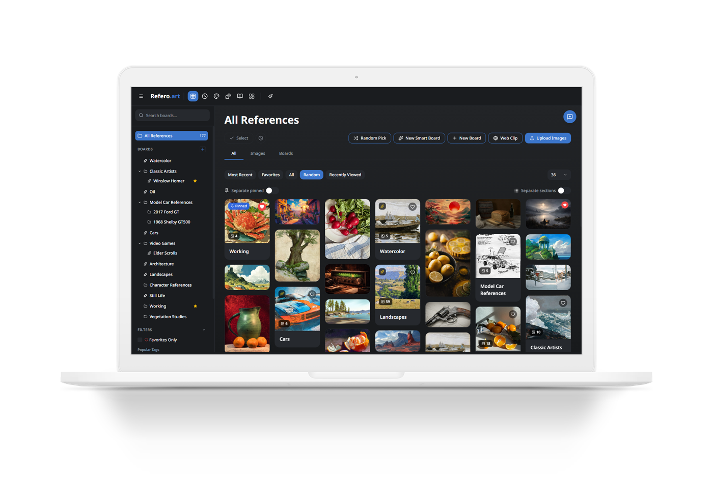 Main view of Refero.art library in a laptop